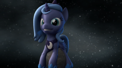 Size: 1920x1080 | Tagged: safe, artist:mrspecialjonny, princess luna, alicorn, pony, g4, 3d, female, filly, giant pony, macro, moon, pony bigger than a planet, solo, source filmmaker, space, tangible heavenly object, woona, younger