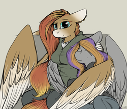 Size: 854x730 | Tagged: safe, artist:sinrar, oc, oc only, oc:sinrar, oc:wild spice, pegasus, anthro, cuddling, cute, folded wings, hug, snuggling, winghug