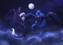 Size: 4000x2857 | Tagged: safe, artist:dalagar, princess luna, oc, oc:teurus, alicorn, dragon, pony, g4, amulet, canon x oc, cloud, female, flying, jewelry, looking at each other, looking at someone, male, moon, night, shipping, stars, straight