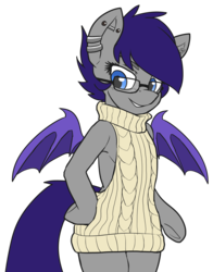 Size: 2393x3051 | Tagged: safe, artist:neoncel, oc, oc only, oc:moondew, bat pony, anthro, unguligrade anthro, backless, clothes, ear piercing, earring, glasses, high res, industrial piercing, jewelry, open-back sweater, piercing, simple background, sleeveless sweater, solo, sweater, transparent background, virgin killer sweater