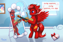 Size: 1500x1000 | Tagged: safe, artist:confetticakez, oc, oc only, pegasus, pony, bipedal, bow (instrument), james blunt, male, mirror, musical instrument, reflection, solo, stallion, violin, violin bow