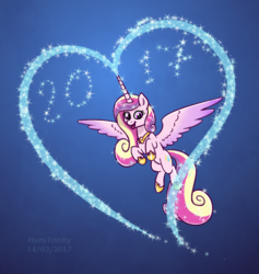 Size: 623x657 | Tagged: safe, artist:haretrinity, princess cadance, alicorn, pony, g4, 2017, female, flying, heart, mare, solo, spread wings, valentine's day