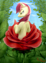 Size: 1000x1350 | Tagged: safe, artist:the1xeno1, roseluck, earth pony, pony, g4, female, flower, lidded eyes, mare, rose, solo