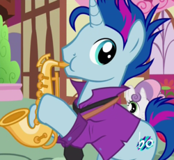 Size: 1164x1073 | Tagged: safe, screencap, blue note, sweetie belle, pony, unicorn, g4, the fault in our cutie marks, cute, duo, female, filly, foal, horn, male, musical instrument, playing instrument, saxophone, stallion