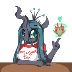 Size: 1265x1265 | Tagged: safe, artist:srmario, queen chrysalis, changeling, changeling queen, anthro, g4, breasts, busty queen chrysalis, clothes, female, magic, shirt, simple background, smiling, solo, t-shirt, transparent background