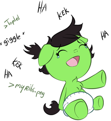 Size: 853x931 | Tagged: safe, artist:lazynore, oc, oc only, oc:filly anon, earth pony, pony, baby, baby pony, cropped, diaper, female, filly, greentext, kek, laughing, simple background, solo, text, white background