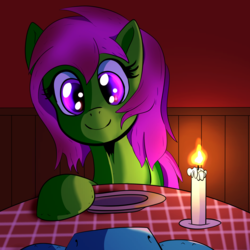 Size: 1200x1200 | Tagged: safe, artist:chrisgotjar, oc, oc only, earth pony, pony, candle, date, female, looking at you, mare, smiling, solo, table