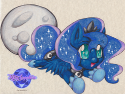 Size: 3300x2496 | Tagged: safe, artist:ksapphire8989, princess luna, pony, g4, chibi, colored pencil drawing, female, high res, moon, simple background, solo, traditional art