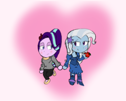 Size: 1385x1114 | Tagged: safe, artist:mildockart, starlight glimmer, trixie, equestria girls, g4, apple, blushing, chibi, clothes, equestria girls-ified, fall formal outfits, female, food, fruit, heart, holding hands, lesbian, lidded eyes, ship:startrix, shipping, valentine's day