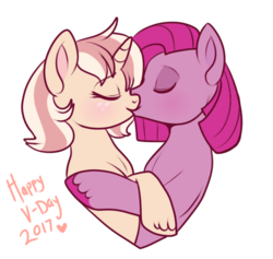 Size: 518x492 | Tagged: safe, artist:lulubell, pinkie pie, oc, oc:lulubell, g4, blushing, canon x oc, female, freckles, kissing, male, pinkamena diane pie, rule 63, shipping, straight