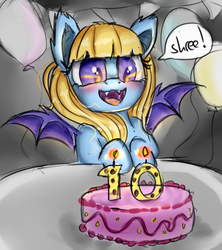 Size: 1688x1902 | Tagged: safe, artist:pucksterv, oc, oc only, bat pony, pony, bat pony oc, cake, candle, cute, dessert, dialogue, fangs, fire, food, open mouth, solo, speech bubble