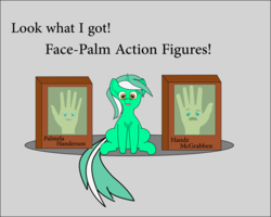 Size: 1577x1263 | Tagged: safe, artist:planetkiller, lyra heartstrings, pony, g4, action figure, chest fluff, facepalm, facial hair, hand, looking at you, pun, wat, why