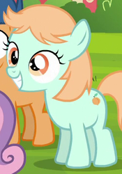 Size: 248x354 | Tagged: safe, screencap, peach fuzz, earth pony, pony, g4, twilight time, female, filly, grin, smiling, solo