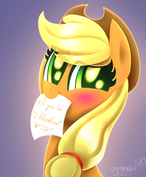 Size: 1400x1700 | Tagged: safe, artist:siggie740, applejack, earth pony, pony, g4, apple, blushing, bust, cowboy hat, cute, female, food, gradient background, hat, jackabetes, letter, looking at you, mouth hold, paper, solo, stetson, valentine's day