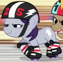 Size: 477x474 | Tagged: safe, screencap, bolt (g4), hairpin turn, pony, g4, background pony, frown, glare, helmet, open mouth, raised hoof, raised leg, roller skates, smirk, solo focus