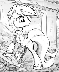 Size: 1151x1400 | Tagged: safe, artist:fidzfox, oc, oc only, earth pony, pony, fallout equestria, bipedal, bipedal leaning, clothes, commission, fallout, grayscale, leaning, looking back, monochrome, pipbuck, sketch, solo, worried