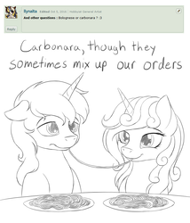 Size: 1024x1195 | Tagged: safe, artist:novaintellus, oc, oc only, oc:melodia, oc:novaintellus, pony, unicorn, ask, deviantart, duo, food, grayscale, monochrome, pasta, sketch, tumblr