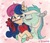 Size: 1888x1640 | Tagged: safe, artist:raiwee, bon bon, lyra heartstrings, sweetie drops, earth pony, pony, unicorn, g4, blushing, cheek kiss, ear fluff, eyes closed, female, floppy ears, heart, hug, kissing, lesbian, ship:lyrabon, shipping, smiling, traditional art, valentine, valentine's day