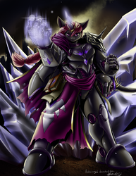 Size: 3400x4400 | Tagged: safe, artist:aphexangel, oc, oc only, oc:busy buzz, changeling, changeling queen, anthro, plantigrade anthro, armor, book, changeling queen oc, crystal, female, helmet, high res, magic, power armor, purple changeling