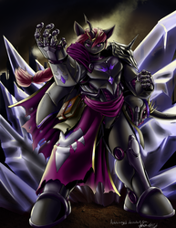 Size: 3400x4400 | Tagged: safe, artist:aphexangel, oc, oc only, oc:busy buzz, changeling, changeling queen, anthro, plantigrade anthro, armor, book, changeling queen oc, crystal, female, helmet, high res, power armor, purple changeling, solo