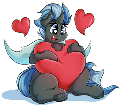 Size: 2413x2141 | Tagged: safe, artist:graphene, oc, oc only, oc:nirvana, changeling, blue changeling, blue eyes, changeling oc, cute, cuteling, heart, heart eyes, high res, horn, hug, simple background, solo, white background, wingding eyes
