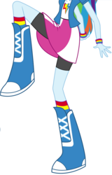 Size: 4696x7336 | Tagged: dead source, safe, artist:sugar-loop, artist:teentitansfan201, edit, vector edit, rainbow dash, equestria girls, g4, absurd resolution, boots, boots shot, clothes, compression shorts, cropped, female, high heel boots, leg focus, legs, pictures of legs, raised leg, shoes, simple background, skirt, skirt lift, skirt shot, socks, solo, vector, white background, wristband