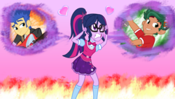 Size: 8140x4595 | Tagged: safe, artist:lifes-remedy, flash sentry, sci-twi, timber spruce, twilight sparkle, equestria girls, g4, my little pony equestria girls: legend of everfree, absurd resolution, bowtie, clothes, female, glasses, hair pulling, heart, indecision, male, ship:flashlight, shipping, skirt, socks, straight, timbertwi