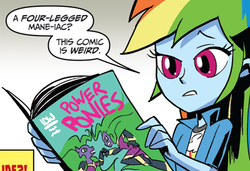 Size: 400x274 | Tagged: safe, idw, official comic, mane-iac, rainbow dash, equestria girls, g4, spoiler:comic, spoiler:comicannual2014, meta