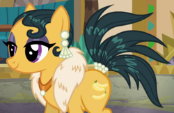 Size: 902x584 | Tagged: safe, screencap, cleopatra jazz, pony, dungeons and discords, g4, ear piercing, earring, feather boa, jewelry, josephine baker, piercing, solo