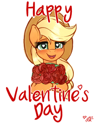 Size: 1912x2475 | Tagged: safe, artist:ratofdrawn, applejack, earth pony, pony, g4, blushing, bust, female, flower, freckles, hat, heart, heart eyes, lidded eyes, looking at you, mare, open mouth, rose, simple background, smiling, solo, valentine's day, white background, wingding eyes