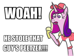 Size: 662x500 | Tagged: safe, artist:jargon scott, princess cadance, alicorn, pony, g4, cadance's pizza delivery, female, food, image macro, meme, open mouth, peetzer, pizza, raised hoof, simple background, solo, spider-man 2, white background