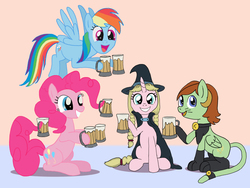 Size: 1600x1200 | Tagged: safe, artist:narfpinky, pinkie pie, rainbow dash, oc, oc:barley tender, oc:caramel malt, earth pony, pegasus, pony, unicorn, g4, animal costume, barmel, cat costume, cider, clothes, costume, cutie mark, female, hoof hold, hooves, horn, looking at you, mare, mug, open mouth, ponyville ciderfest, prehensile mane, prehensile tail, sitting, smiling, spread wings, tankard, wings, witch