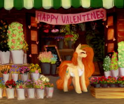 Size: 1024x860 | Tagged: safe, artist:trashybouquet, oc, oc only, pegasus, pony, apron, clothes, colored, female, flower, flower shop, heart, long mane, long tail, mare, outdoors, shop, smiling, solo, standing