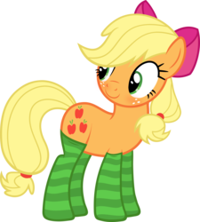 Size: 5410x6000 | Tagged: safe, artist:slb94, applejack, earth pony, pony, g4, absurd resolution, accessory swap, apple bloom's bow, bow, clothes, cute, female, hair bow, jackabetes, looking back, simple background, socks, solo, striped socks, transparent background, vector