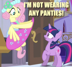 Size: 1164x1080 | Tagged: safe, edit, edited screencap, screencap, fluttershy, twilight sparkle, pegasus, pony, unicorn, a canterlot wedding, g4, bottomless, bridesmaid, bridesmaid dress, bridesmaid fluttershy, caption, clothes, commando, dress, female, flashing, flutterbeautiful, flying, funny, image macro, mare, meme, no panties, out of context, playing with dress, reacting to nudity, skirt, skirt lift, we don't normally wear clothes