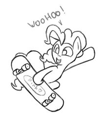 Size: 800x956 | Tagged: artist needed, source needed, safe, pinkie pie, earth pony, pony, g4, dialogue, female, lineart, monochrome, simple background, skateboard, skateboarding, solo, white background