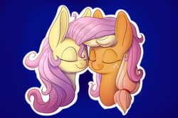 Size: 1500x1000 | Tagged: safe, artist:heir-of-rick, applejack, fluttershy, g4, bust, cute, eyes closed, female, freckles, lesbian, nuzzling, ship:appleshy, shipping, simple background, smiling