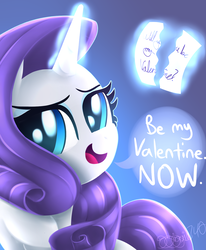 Size: 1400x1700 | Tagged: safe, artist:siggie740, rarity, pony, g4, eyeshadow, female, glowing horn, horn, magic, note, paper, simple background, solo, telekinesis, torn, valentine's day