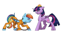 Size: 1304x720 | Tagged: safe, artist:chibadeer, rainbow dash, twilight sparkle, alicorn, pegasus, pony, g4, b-f16, bound wings, bow, chains, clothes, commission, crown, cuffs, female, jewelry, lesbian, prison outfit, prisoner rd, regalia, shackles, ship:twidash, shipping, simple background, smiling, smug, transparent background, twilight sparkle (alicorn)