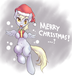 Size: 893x934 | Tagged: safe, artist:mlpanon, part of a set, derpy hooves, pegasus, pony, g4, belly button, cute, derpabetes, female, flying, hat, i just don't know what went wrong, looking at you, open mouth, present, santa hat, solo, valentine, valentine's day