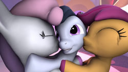 Size: 3840x2160 | Tagged: safe, artist:viranimation, rumble, scootaloo, sweetie belle, pegasus, pony, unicorn, g4, 3d, cheek kiss, colt, female, filly, foal, high res, hoof polish, kiss sandwich, kissing, male, nail polish, rumble gets all the fillies, ship:rumbelle, ship:rumbloo, shipping, straight