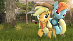 Size: 4000x2250 | Tagged: safe, artist:redaceofspades, applejack, rainbow dash, g4, 3d, female, flower, goggles, lesbian, rose, ship:appledash, shipping, source filmmaker, tree