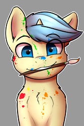 Size: 1200x1800 | Tagged: safe, artist:captainpudgemuffin, oc, oc only, pony, unicorn, cheek fluff, gray background, looking at you, male, mouth hold, paint, paintbrush, simple background, smiling, solo, stallion