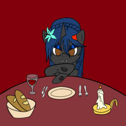 Size: 1000x1000 | Tagged: safe, artist:darthxanatos501, oc, oc only, oc:sweet scribe, changeling, alcohol, date, female, food, looking at you, smiling, solo, wine