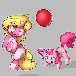 Size: 2400x2400 | Tagged: safe, artist:captainpudgemuffin, pinkie pie, oc, earth pony, pony, unicorn, g4, ball, cute, duo, duo female, face down ass up, female, gray background, high res, jumping, mare, ocbetes, one eye closed, open mouth, playing, simple background, smiling, tongue out