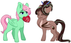 Size: 978x587 | Tagged: safe, artist:silentwulv, oc, oc only, oc:cocoa dot, oc:pending storm, bat pony, pegasus, pony, cute, duo, duo female, eyes closed, female, lidded eyes, mouth hold, ocbetes, raised hoof, simple background, transparent background, valentine's day