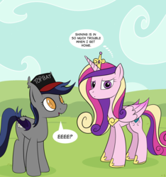Size: 2000x2136 | Tagged: source needed, safe, artist:php47, princess cadance, oc, oc:echo, alicorn, bat pony, pony, g4, cadance is not amused, confused, ear tufts, eeee, female, frown, glare, hat, high res, looking at you, mare, open mouth, smiling, speech bubble, thought bubble, top bat, top gun hat