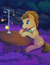 Size: 1700x2200 | Tagged: safe, artist:viwrastupr, doctor whooves, time turner, earth pony, pony, g4, bowtie, close-up, doctor who, fascinated, male, open mouth, sitting, smiling, solar system, solo, stallion, table