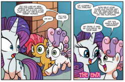 Size: 941x619 | Tagged: safe, artist:agnes garbowska, idw, official comic, babs seed, rarity, sweetie belle, friends forever #37, g4, my little pony: friends forever, spoiler:comic, alternate hairstyle, female, siblings, sisters