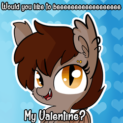 Size: 1280x1280 | Tagged: safe, artist:tjpones, oc, oc only, oc:super rad bat gal, bat pony, pony, cheek fluff, dialogue, ear fluff, ear piercing, earring, eeee, eyebrow piercing, fangs, female, gradient background, heart, jewelry, looking at you, mare, open mouth, piercing, smiling, solo, valentine's day card